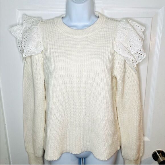 LILLA P Eyelet Ruffle Shoulder Trimmed Crew Neck Ribbed Sweater White Size L - Picture 3 of 11
